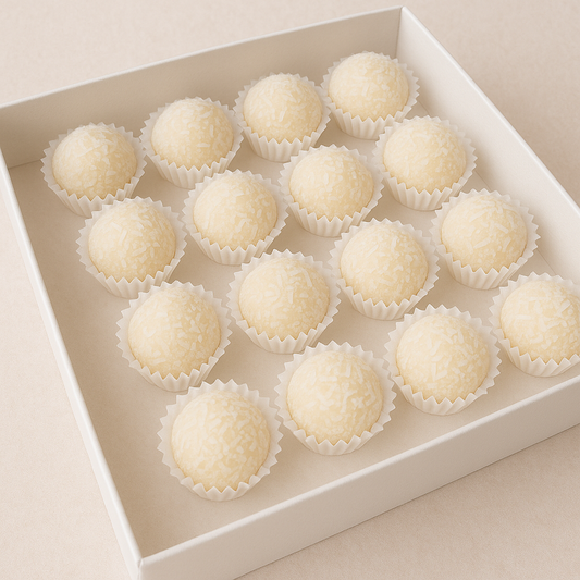 Box of white coco truffles in paper cups on a beige background
