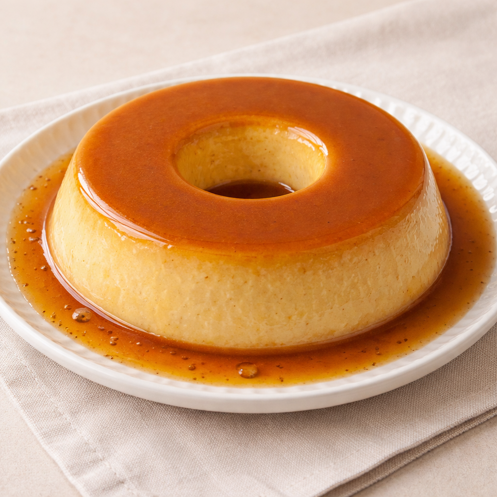 Caramel flan on a white plate with a beige background